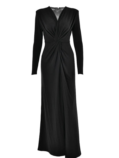 Neutral Deep Knot V-Cut Leg Slit Long Sleeve Maxi Dress