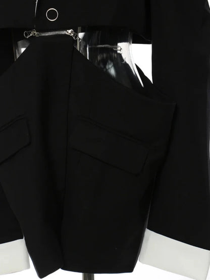 Black Puff Shoulder White Collar Detachable Blazer