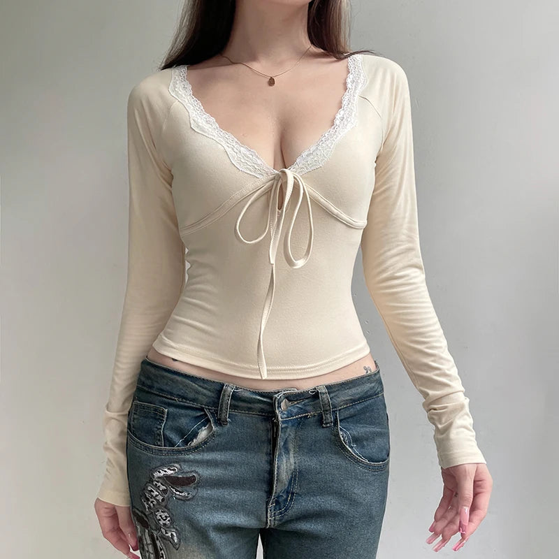 Beige V-Cut Lace Trim Bow Long Sleeve