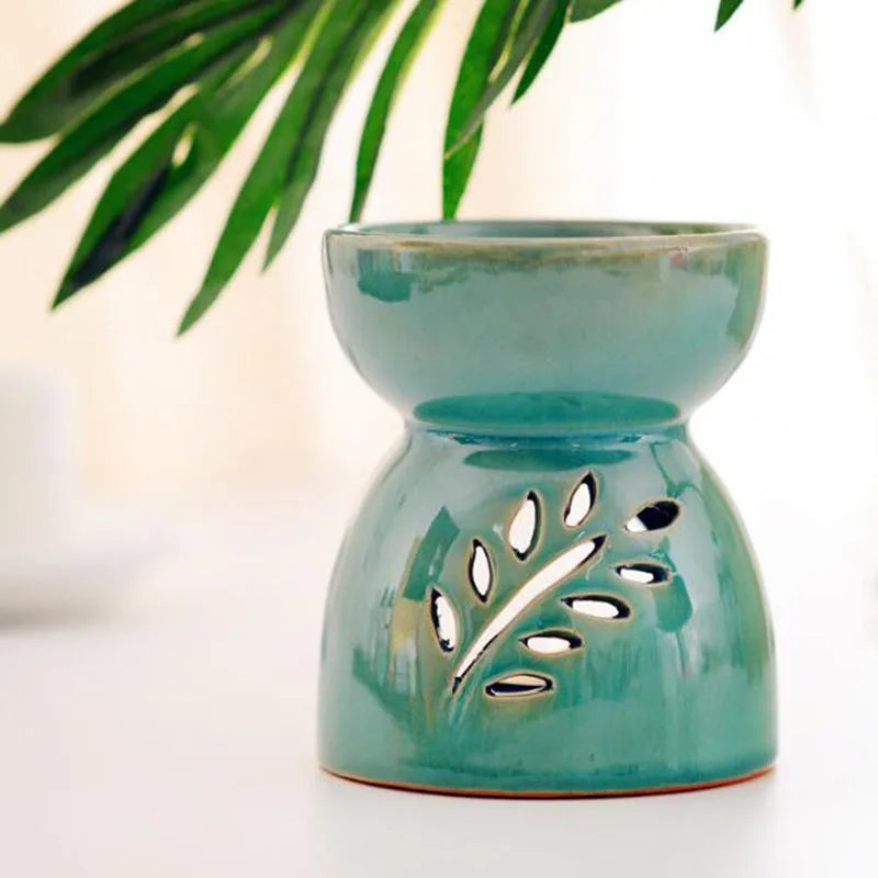 Green Porcelain Hollow Out Leaf Essential Oil Burner