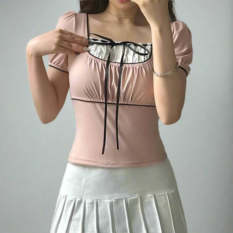 Pink Black Trim Fake White Pleated Under Shirt Puff Short Sleeve