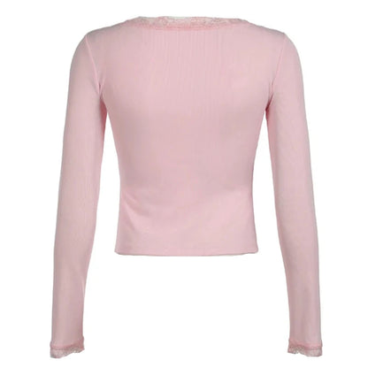 Pink Knit Lace V-Cut Ribbon Bow Long Sleeve