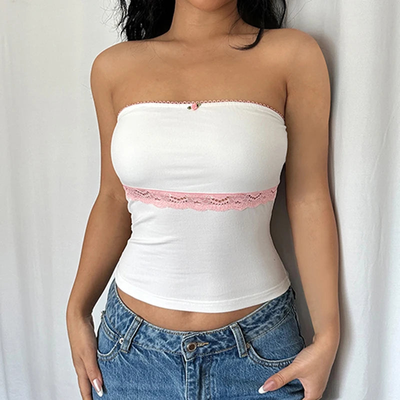 White Pink Rose And Lace Strapless Top