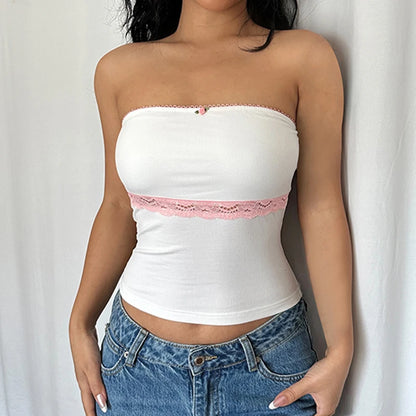 White Pink Rose And Lace Strapless Top