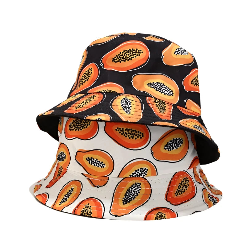 Solid Color Papaya Print Cotton Reversible Bucket Hat