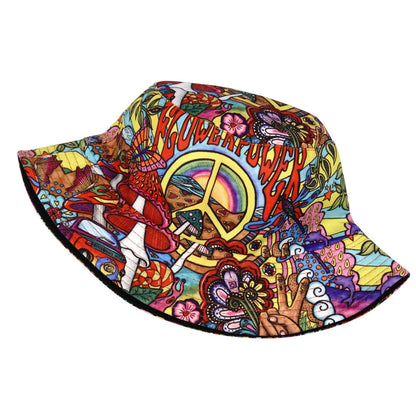 Flower Power Hippie Print Cotton Reversible Bucket Hat