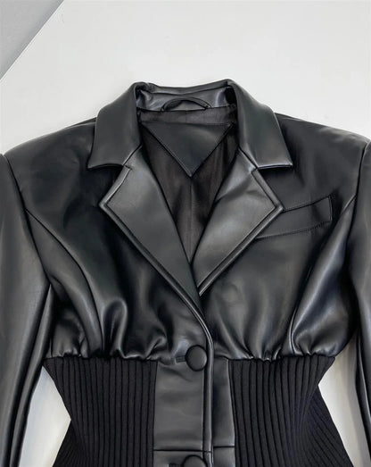 Black Leather Ruched Stomach Blazer