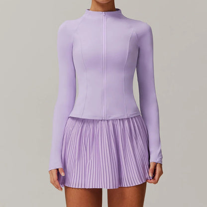 Solid Color Stretchy Collar Zip-Up Jacket And Pleated Mini Skirt Set