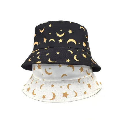 Neutral Moon And Stars Print Cotton Reversible Bucket Hat