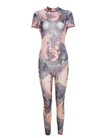 Pink And Purple Sheer Graffiti Backless Short Sleeve Jumpsuit