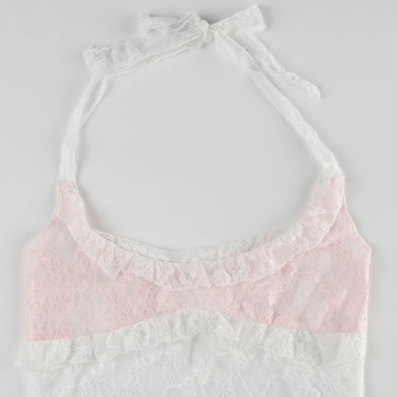 White And Pink Lace Lettuce Trim Halter Top