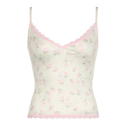 Beige Pink Floral Print Bow V-Cut Pink Lace Trim Spaghetti Strap Top