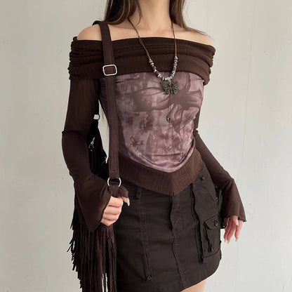 Brown Ribbed Butterfly Roll Over Off Shoulder Sheer Flare Long Sleeve