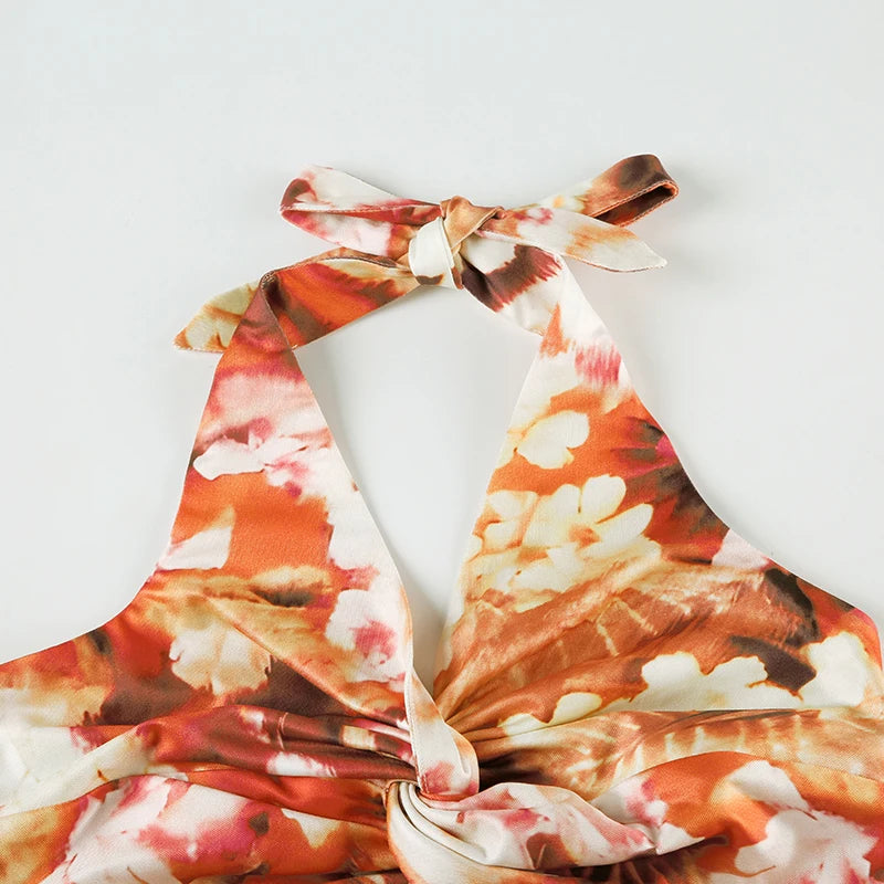 Orange Floral Print Twist V-Cut Halter Top