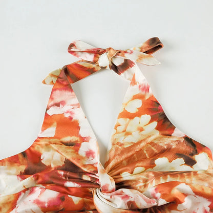 Orange Floral Print Twist V-Cut Halter Top