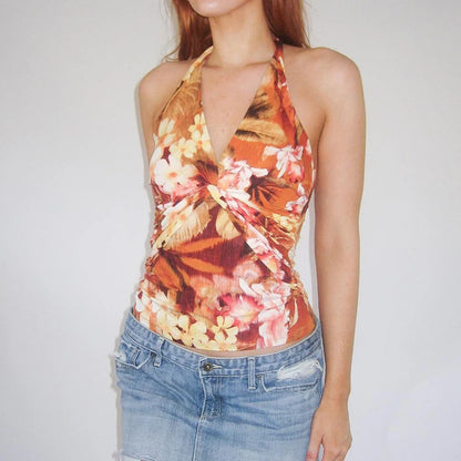 Orange Floral Print Twist V-Cut Halter Top