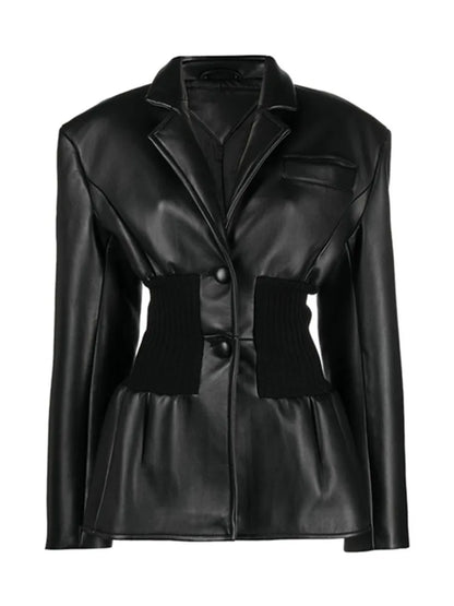 Black Leather Ruched Stomach Blazer