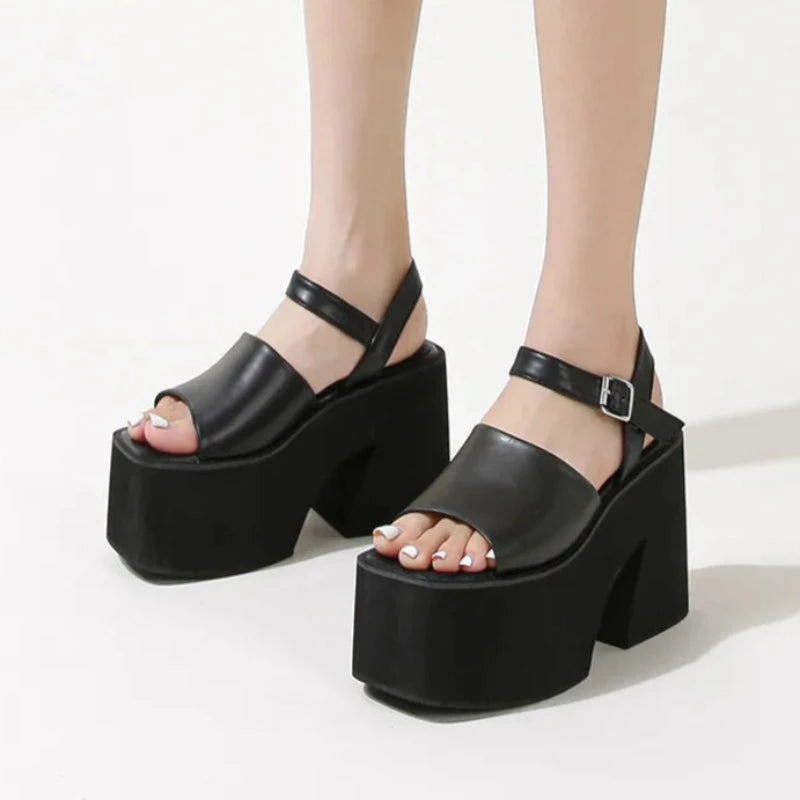 Neutral Leather Thick Strap Square Toe Platform Heels