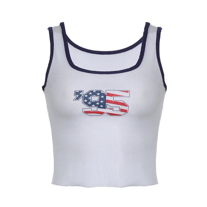 White Ribbed 95 Flag Print Blue Trim Spaghetti Strap Top