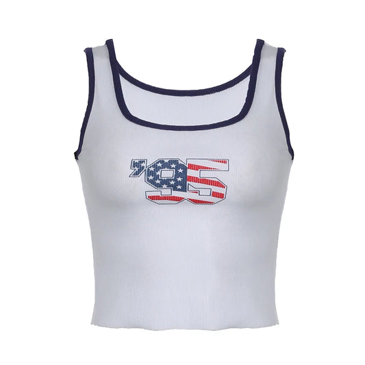 White Ribbed 95 Flag Print Blue Trim Spaghetti Strap Top