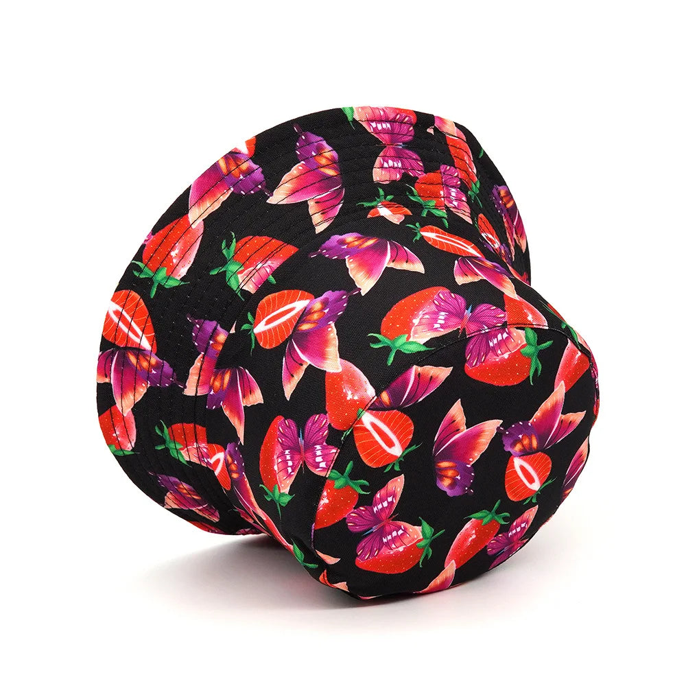 Solid Color Strawberry And Butterfly Print Cotton Reversible Bucket Hat