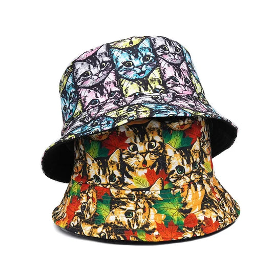 Cat Print Cotton Reversible Bucket Hat