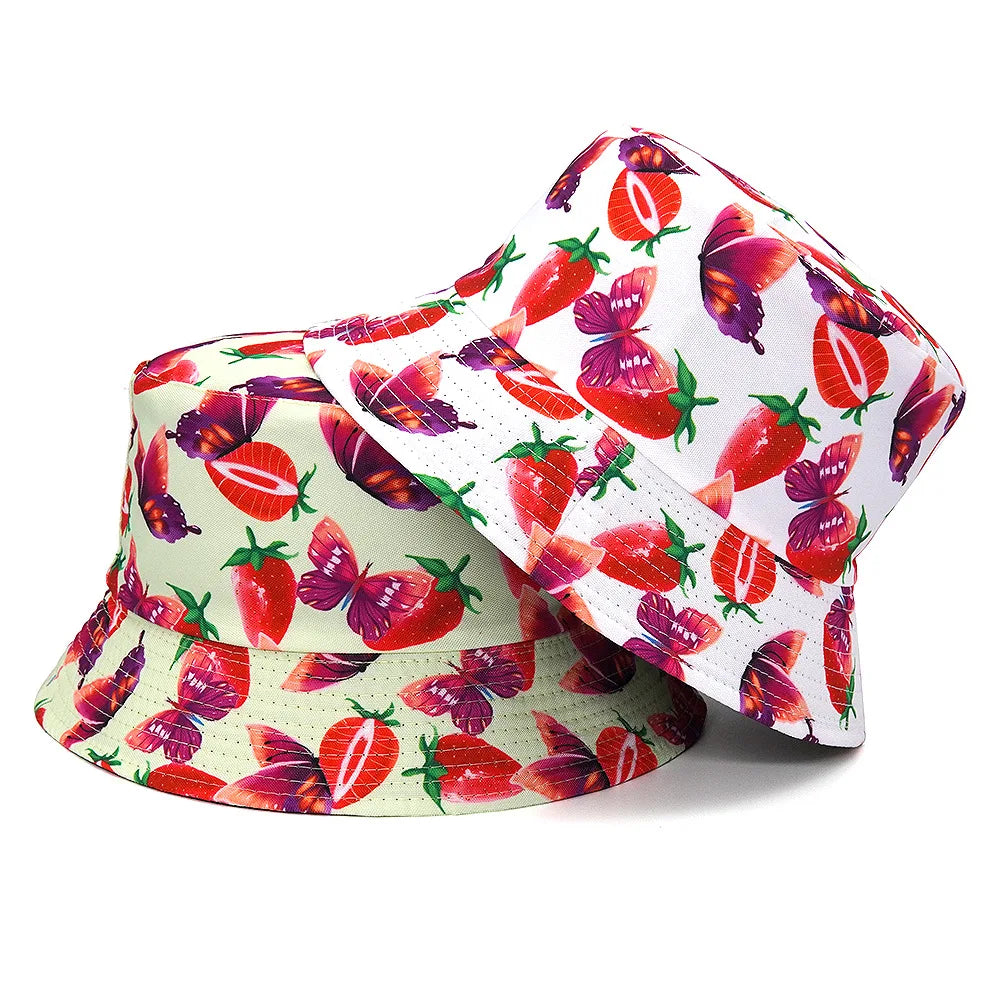 Solid Color Strawberry And Butterfly Print Cotton Reversible Bucket Hat