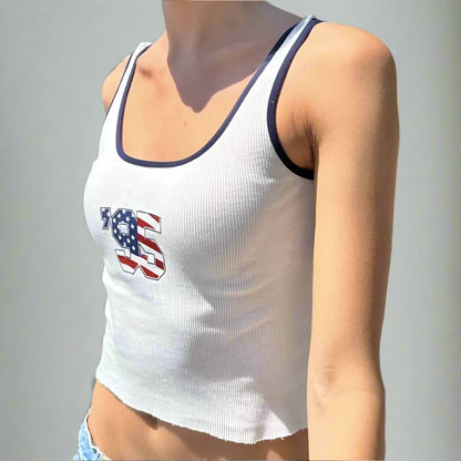 White Ribbed 95 Flag Print Blue Trim Spaghetti Strap Top