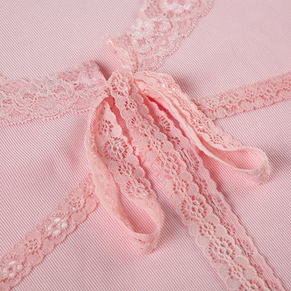 Pink Knit Lace V-Cut Ribbon Bow Long Sleeve