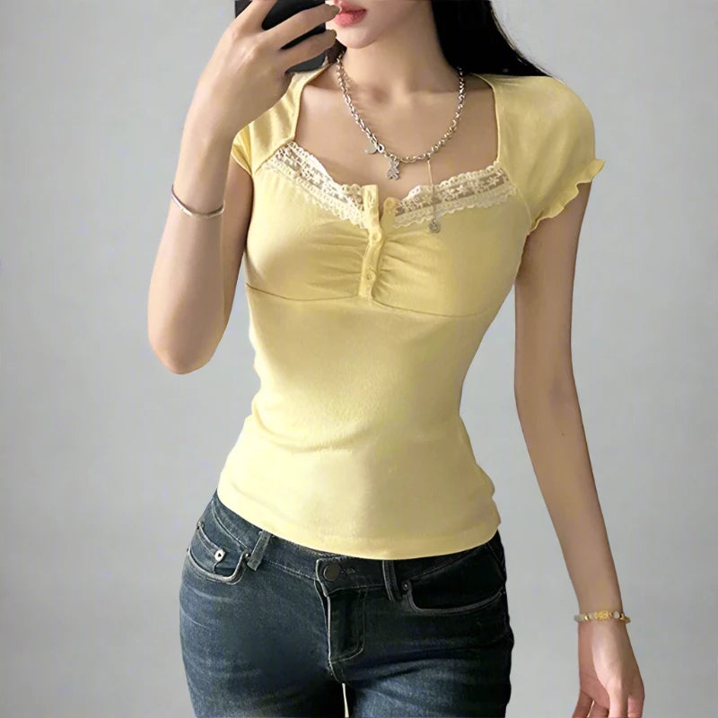 Yellow Knit Ribbed Lace Quarter Button Up Short Sleeve