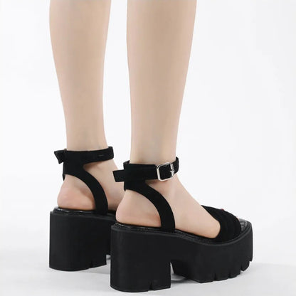 Black Suede Buckle Strap Platform Heels