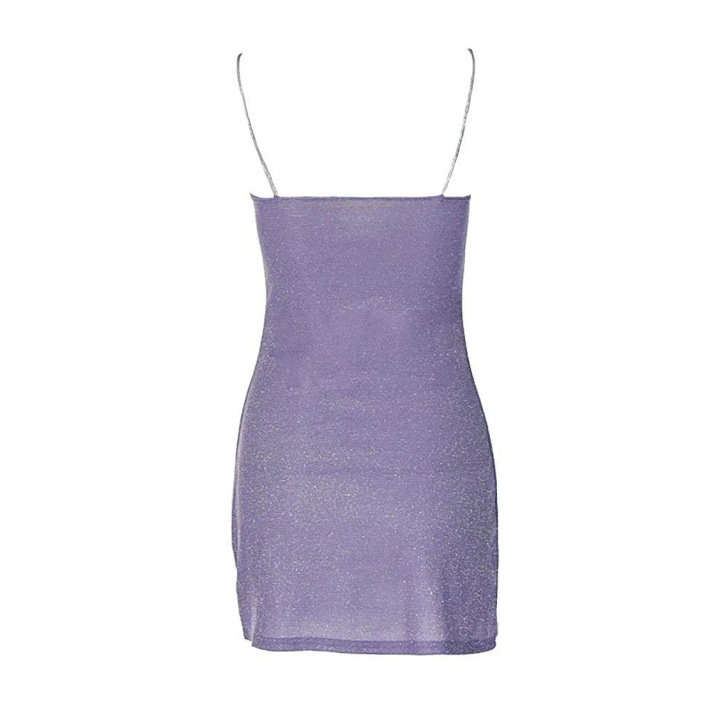 Purple Sparkly V-Cut Hollow Out Spaghetti Strap Mini Dress