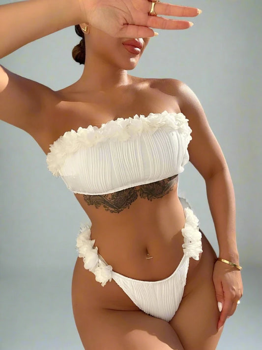 White Swirl Ribbed 3D Flower Trim Strapless Bikini