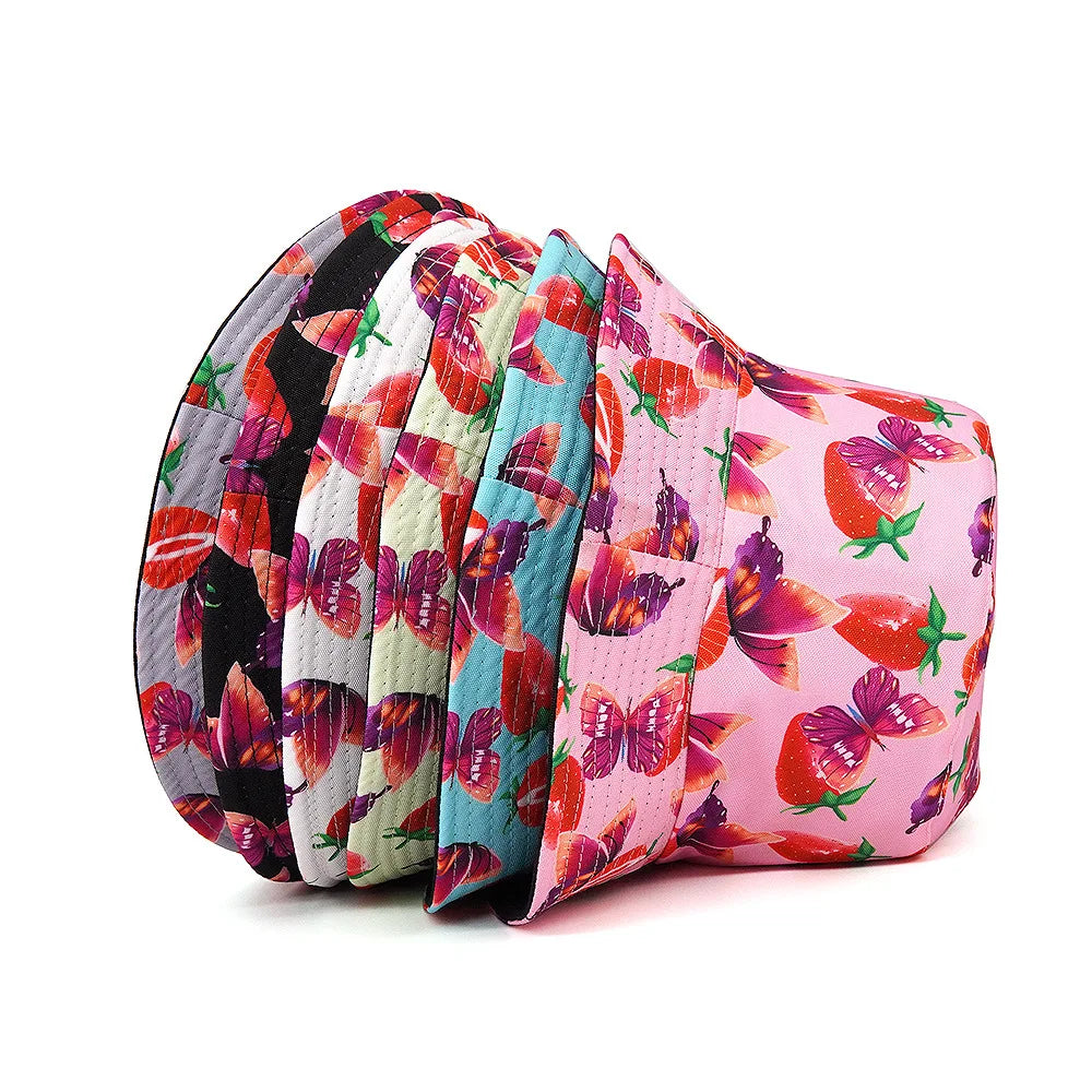 Solid Color Strawberry And Butterfly Print Cotton Reversible Bucket Hat