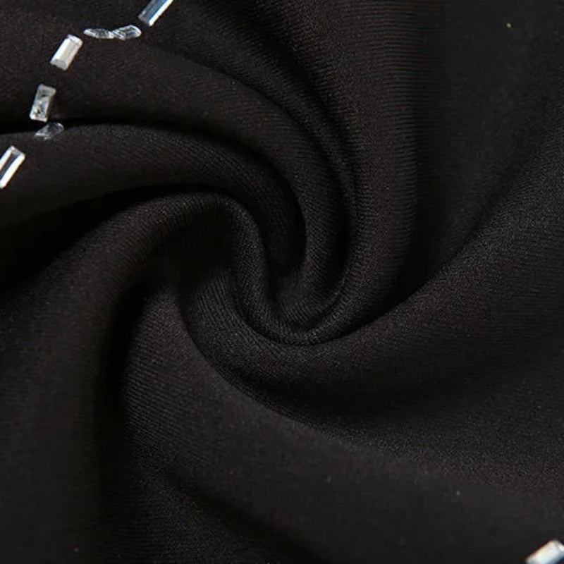 Black Beaded Trim Asymmetric Tassel Crop Blazer And Mini Skirt Set