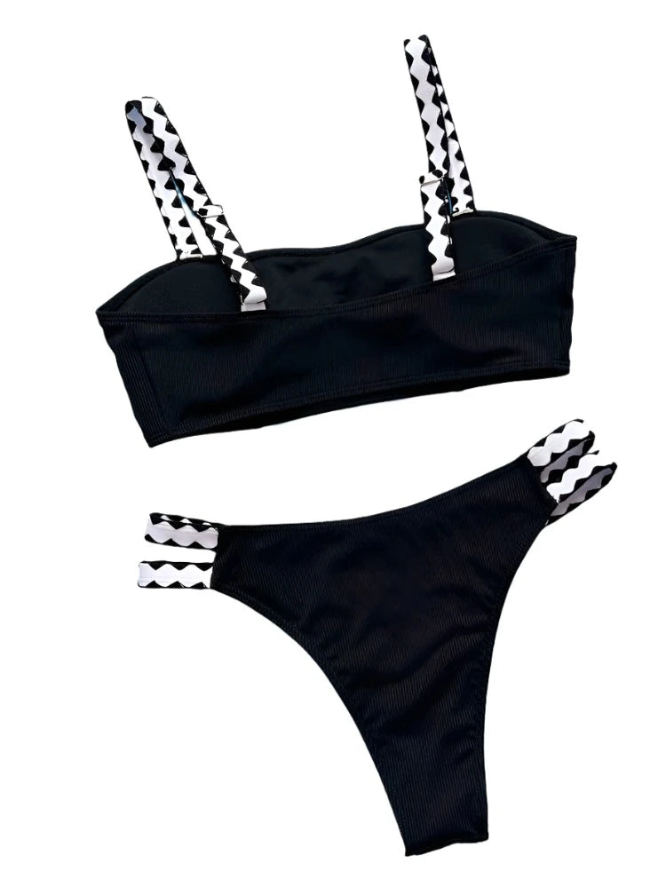 Black White Diamond Print Strappy Spaghetti Strap Bikini