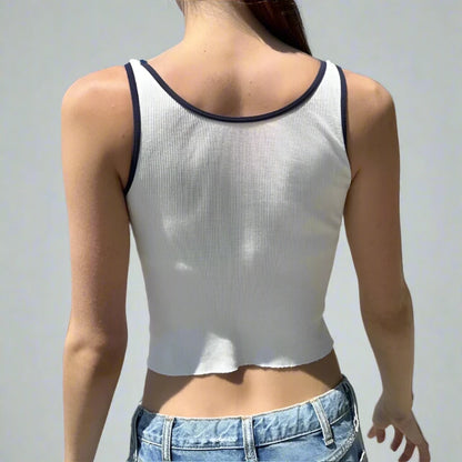 White Ribbed 95 Flag Print Blue Trim Spaghetti Strap Top