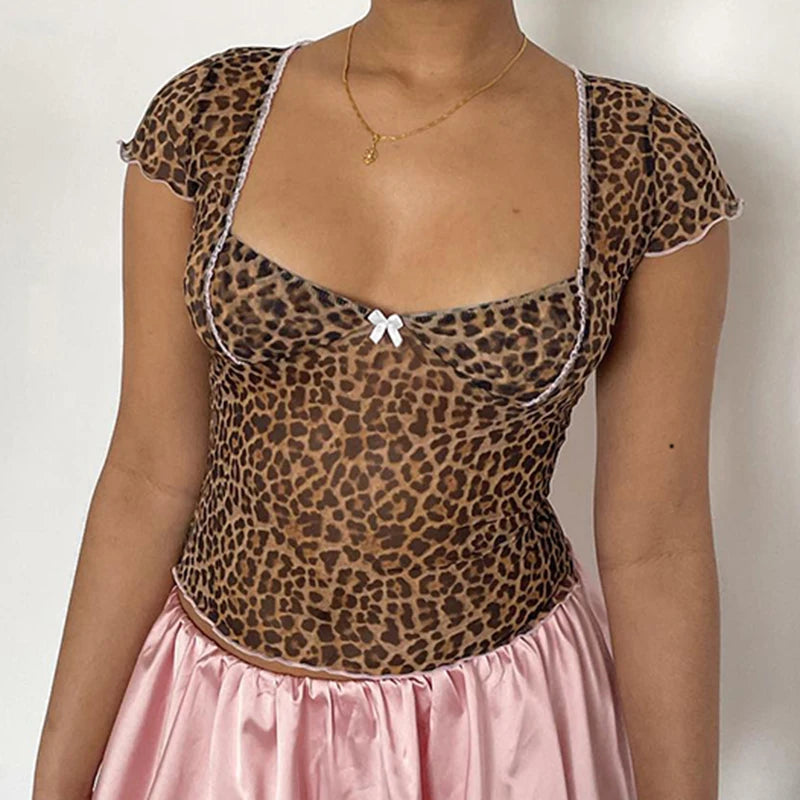 Brown Sheer Cheetah 3D Bow Lettuce Trim Short Sleeve