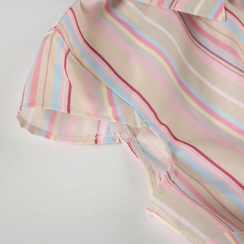 Beige Multicolor Stripe Button Up Short Sleeve