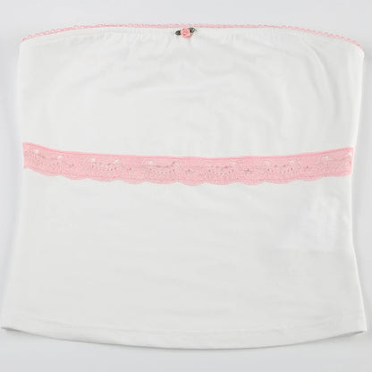 White Pink Rose And Lace Strapless Top