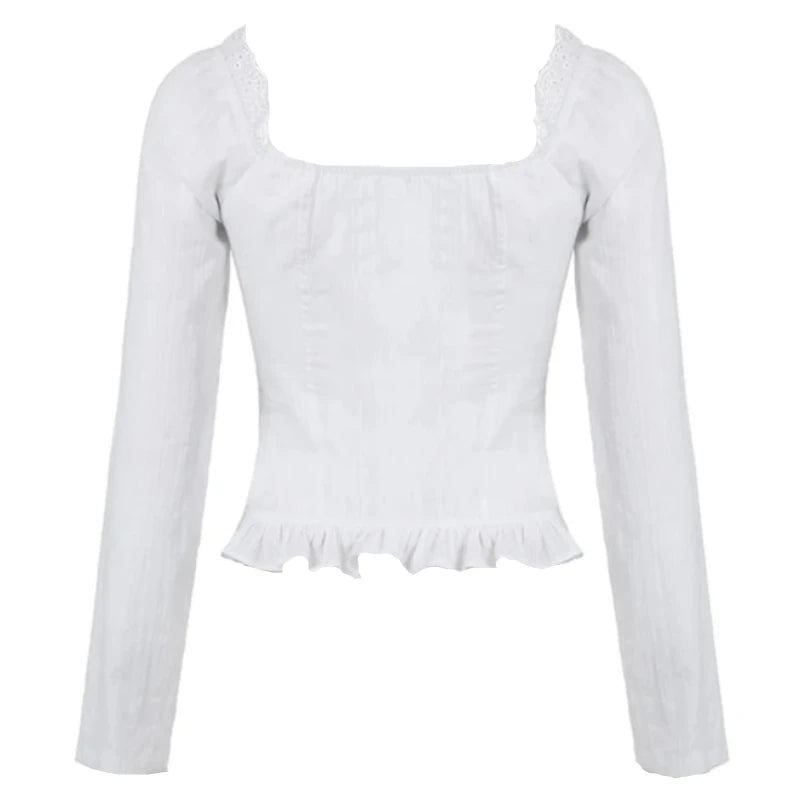 White Pleated Front Tie Button Up Ruffle Trim Long Sleeve