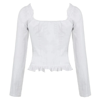 White Pleated Front Tie Button Up Ruffle Trim Long Sleeve