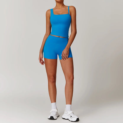 Solid Color Different Size Spaghetti Strap And High Waisted Ruched Booty Shorts Set