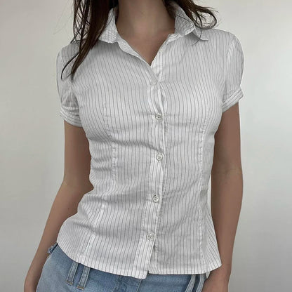 White Stripe Button Up Short Sleeve