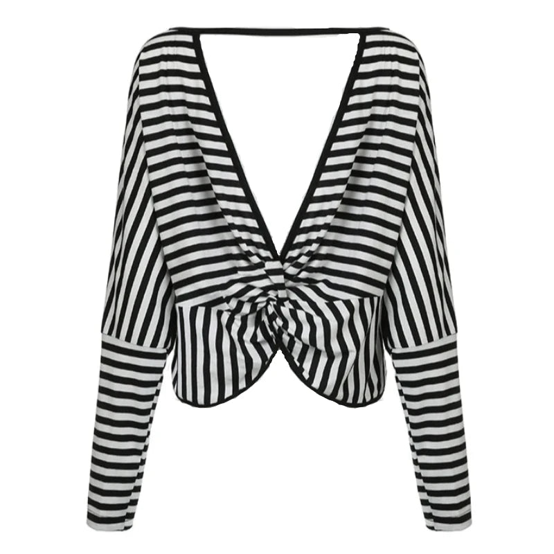 Black And White Stripe Backless Twist Knot Long Sleeve