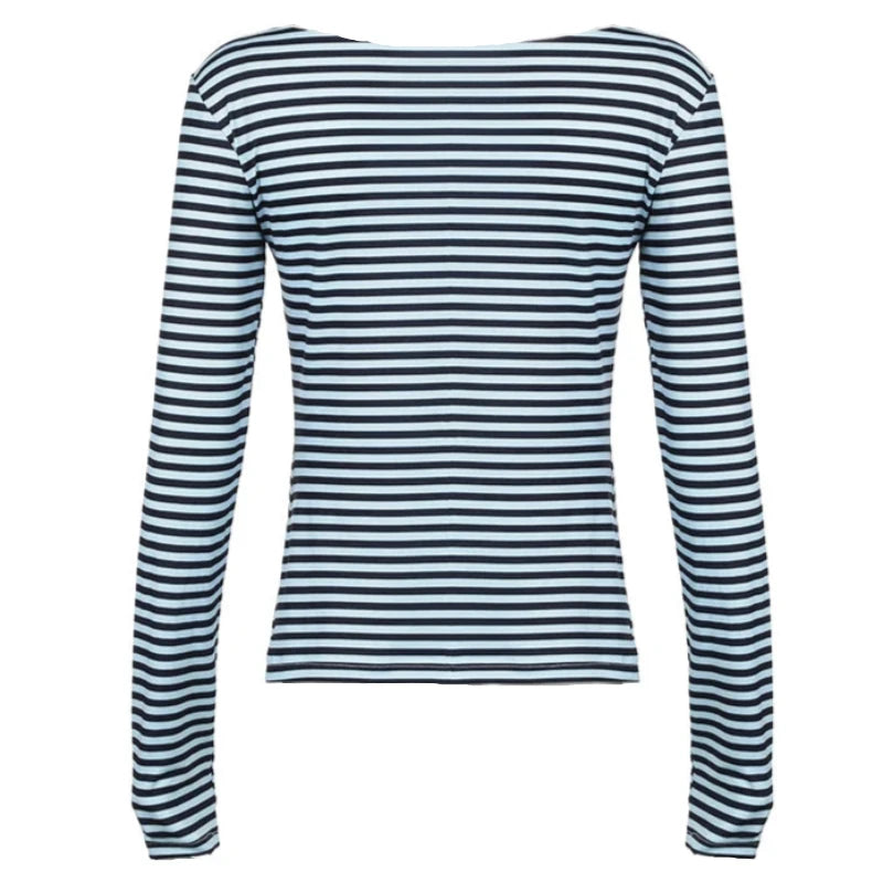 Solid Color Stripe V-Cut Long Sleeve