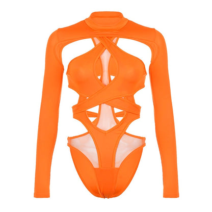 Solid Color Hollow Out Bandage Strap Backless Long Sleeve Bodysuit