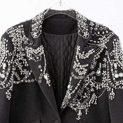 Black Rhinestone Studded Fur Trim Sleeve Blazer