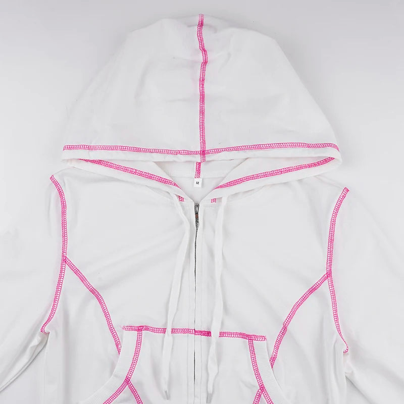 White Pink Lining Crop Hooded Jacket And Mini Shorts Set