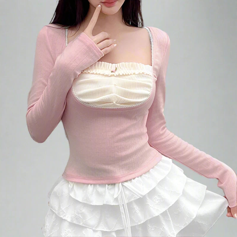 Pink Fake Beige Ruched Under Shirt Long Sleeve